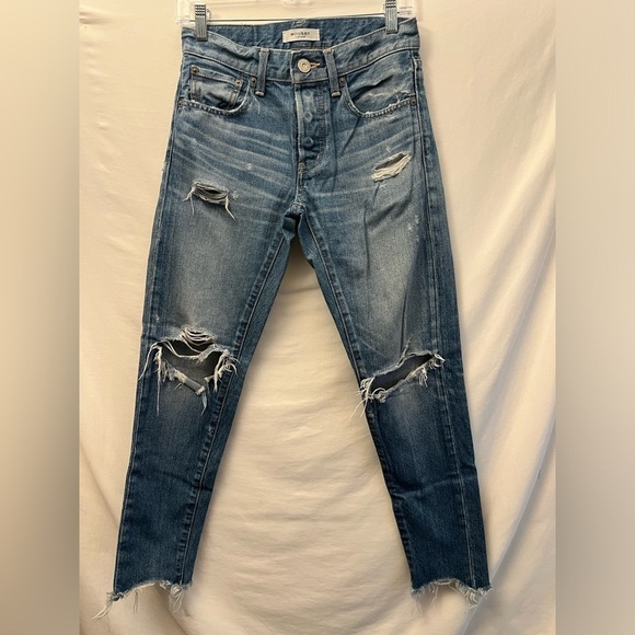 MOUSSY VINTAGE PREMIUM JAPANESE DARK BLUE WASHED DISTRESSED DENIM JEANS 24 - Picture 1 of 11